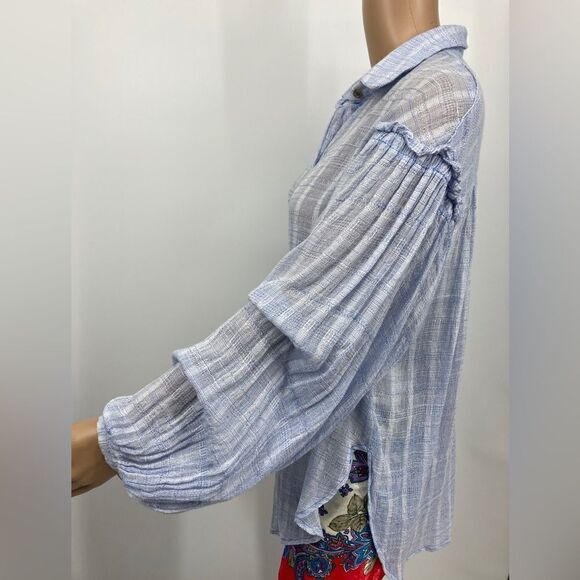Free People Blue Gauzy Shirt Blouse Size M - Picture 6 of 11